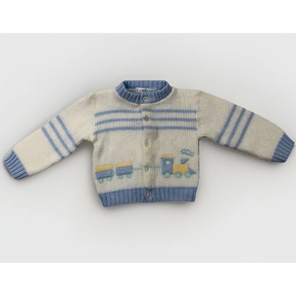 Vintage Baby Cardigan Sweater Train Knit 12 Months Blue White Cradles Sweet